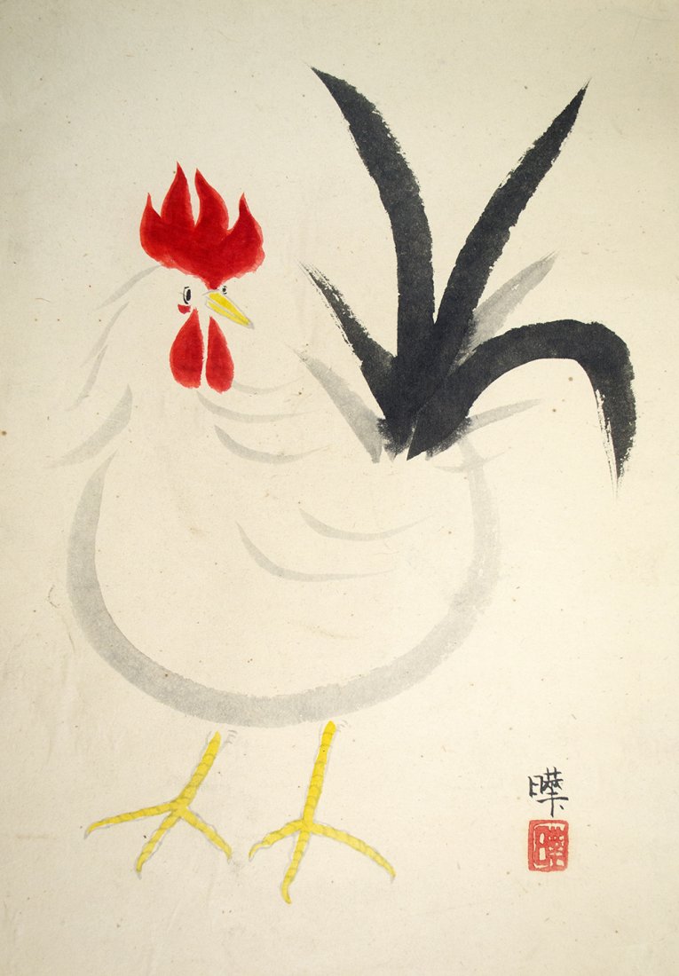 Japanese Chicken Ink Painting by "Akira": Japanese ink painting(Sho style) rendering of a Chicken. Signed "Akira". 20th Century, excellent condition. Provenance: the Ledoux collection of art.
