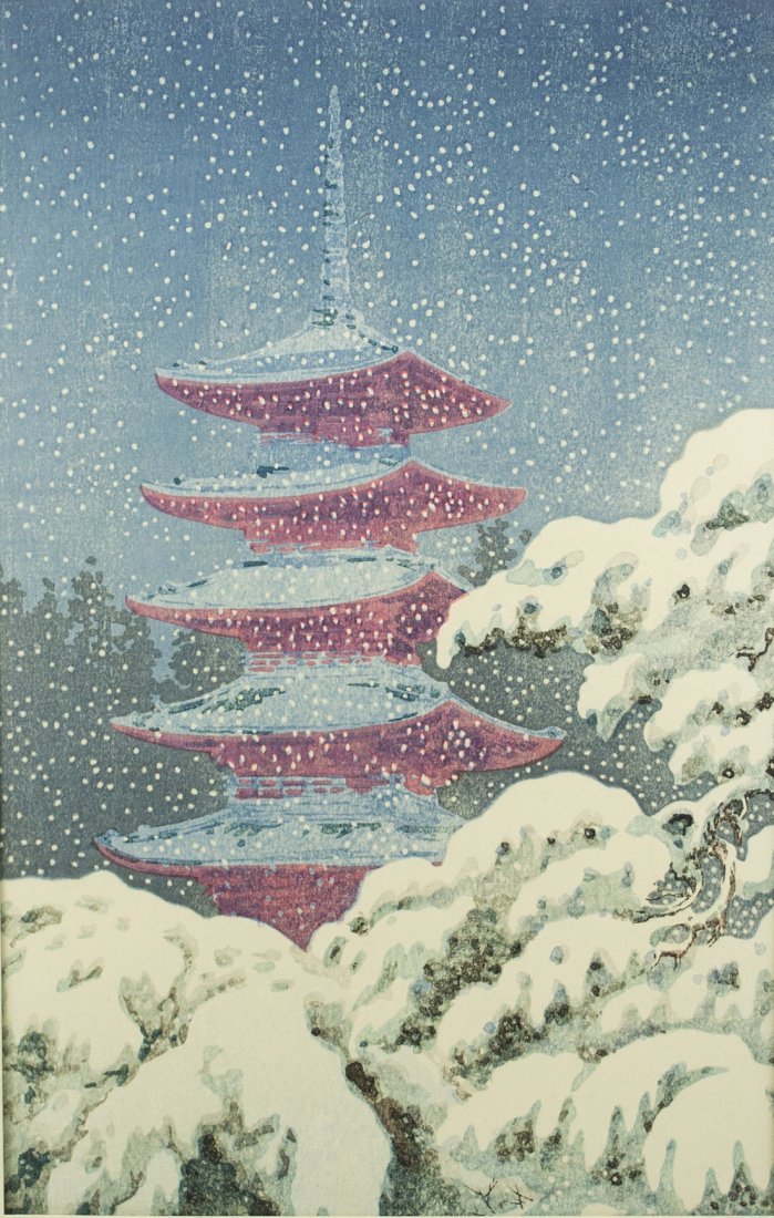 Japanese Woodblock Print Pagoda by Tsuchiya Koitsu: Tsuchiya Koitsu (Japan 1870-1949) Very famous Japanese Ukiyo-e woodblock print of the iconic Nikko Five Story Pagoda. Circa 1930. Features subtle red pagoda against blue and white snow scene. Provenan