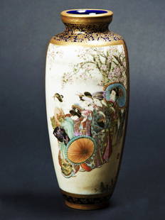 Japanese Satusuma Export Vase 19th/20th Century: Stunning porcelain Japanese export vase with traditional figure scene depicted of Shinto procession, with sakura cherry blossoms and gold Greek key design over Nippon cobalt blue. Excellent condition,