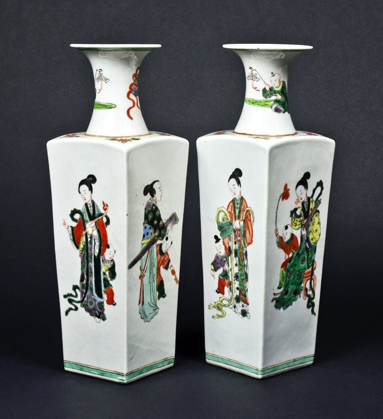 Pair of Chinese Square Figure Painted Porcelain Vases: Pair of beautiful Chinese famille verte Square Vases: white porcelain with traditional polychrome figure painting motif. Early 20th century 16" tall each.
