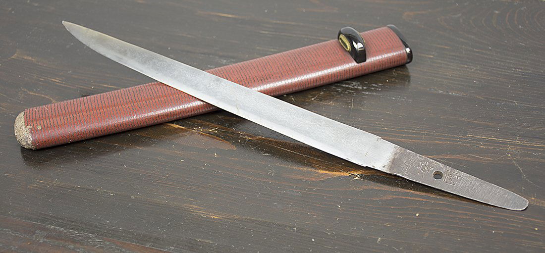 Japanese Tanto Knife: Japanese tanto style knife (dissembled) Iron with gold accented Tsuba, handle made with sting ray skin. Handle fraying, chipping along sheath, needs restoration to fully assembly. Signed characters fo