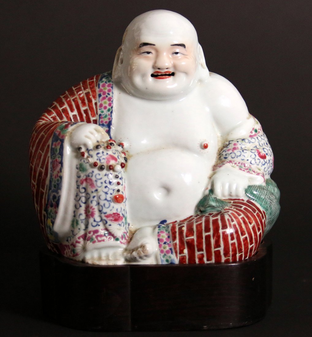 Famille Rose Porcelain Buddha or Budai (Hotei): Large Chinese famille rose porcelain Buddha or Ho Tai with stand. Stamped on the bottom. Late 19th early 20th Century. From NY estate.