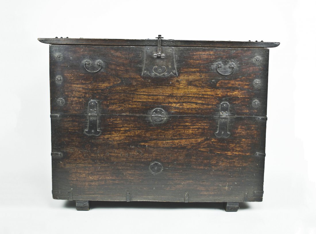 Japanese Tansu Chest 19th Century: Japanese Tansu Portable Wardrobe (Elm with dark finish). Traditional Japanese Tansu lacquered chest with intricate iron hardware. 19th Century. 24 x 32 x 13 in.