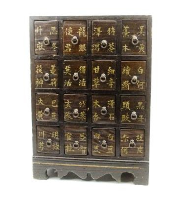 Japanese Tansu Medicine Apothecary Cabinet: Japanese Tansu Portable apothecary chest ( dark finish) Traditional Japanese Tansu lacquered, gold characters with intricate hardware. Circa: 19th-20th Century. 23 1/2 x 16 1/2 x 9 in.