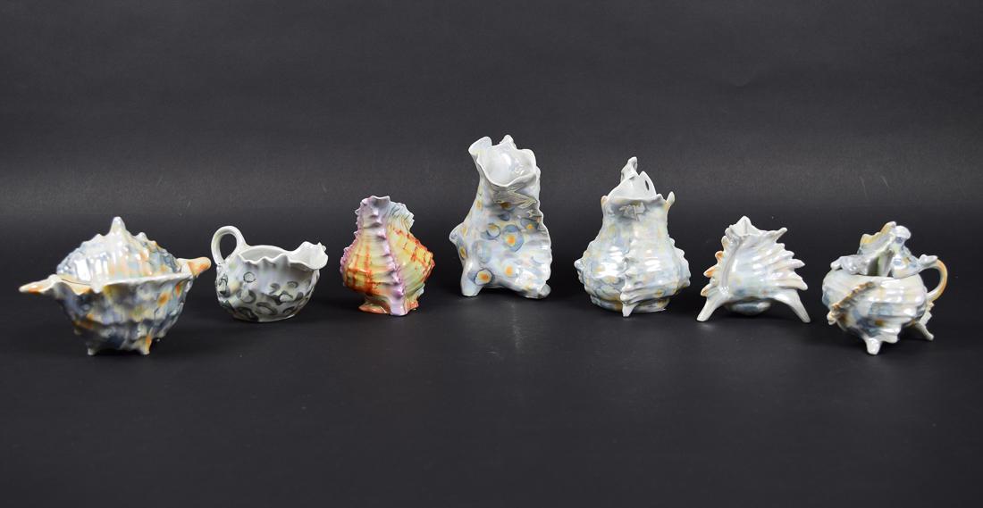 Royal Bayreuth Shells Creamers, Tea and Coffee Service: Set of Seven Royal Bayreuth "Conch Shells". All are different with interesting and life-like designs, Creamers and Tea and Coffee service, featuring glossy pastels as can be found in real shells. 5 x