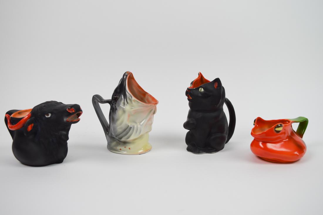 Royal Bayreuth Cat, Bull, Fish and Frog Creamers: Collection of Royal Bayreuth creamers consists of Bull, Fish, Cat, and Frog poly-chrome creamers feature realistic detail, typical of Royal Bayreuth design. 5.25 x 5.25 largest. 5000-0022-4