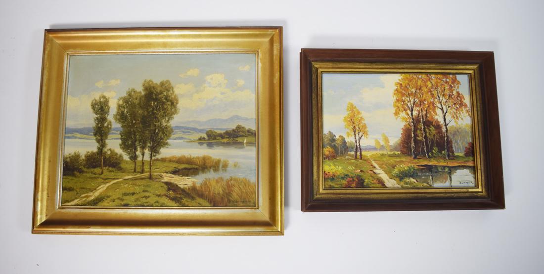 Edwin Bachman and Rutner Landscapes Oil on Canvas: Edwin Bachmann (Swiss 1900-1960) Oil on canvas landscape. Serene fall scenes of trees and rolling hills along waterways. With painting signed "Rutner" 20th century. Bachmann 19" x 16" Rutner 16" x 12"