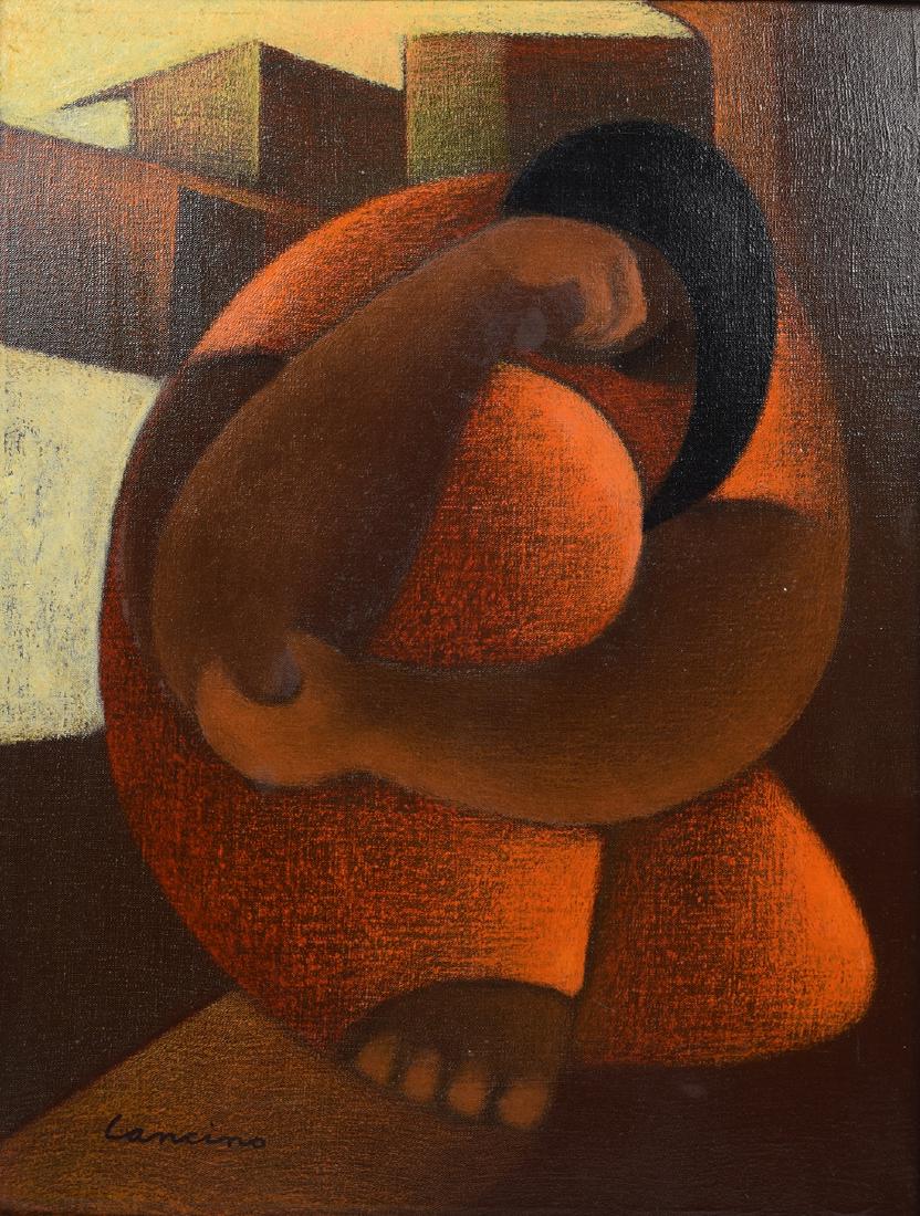 Victor Manuel Cancino Oil Painting of Woman Curled Pose: Victor Manuel Cancino (Mexican b.1929) Oil painting dipicting a woman in a curled pose. His works, often melancholic, are unique yet reminiscent of a Mexican painting style. 13 1/2 x 17 1/2 5000-0047-