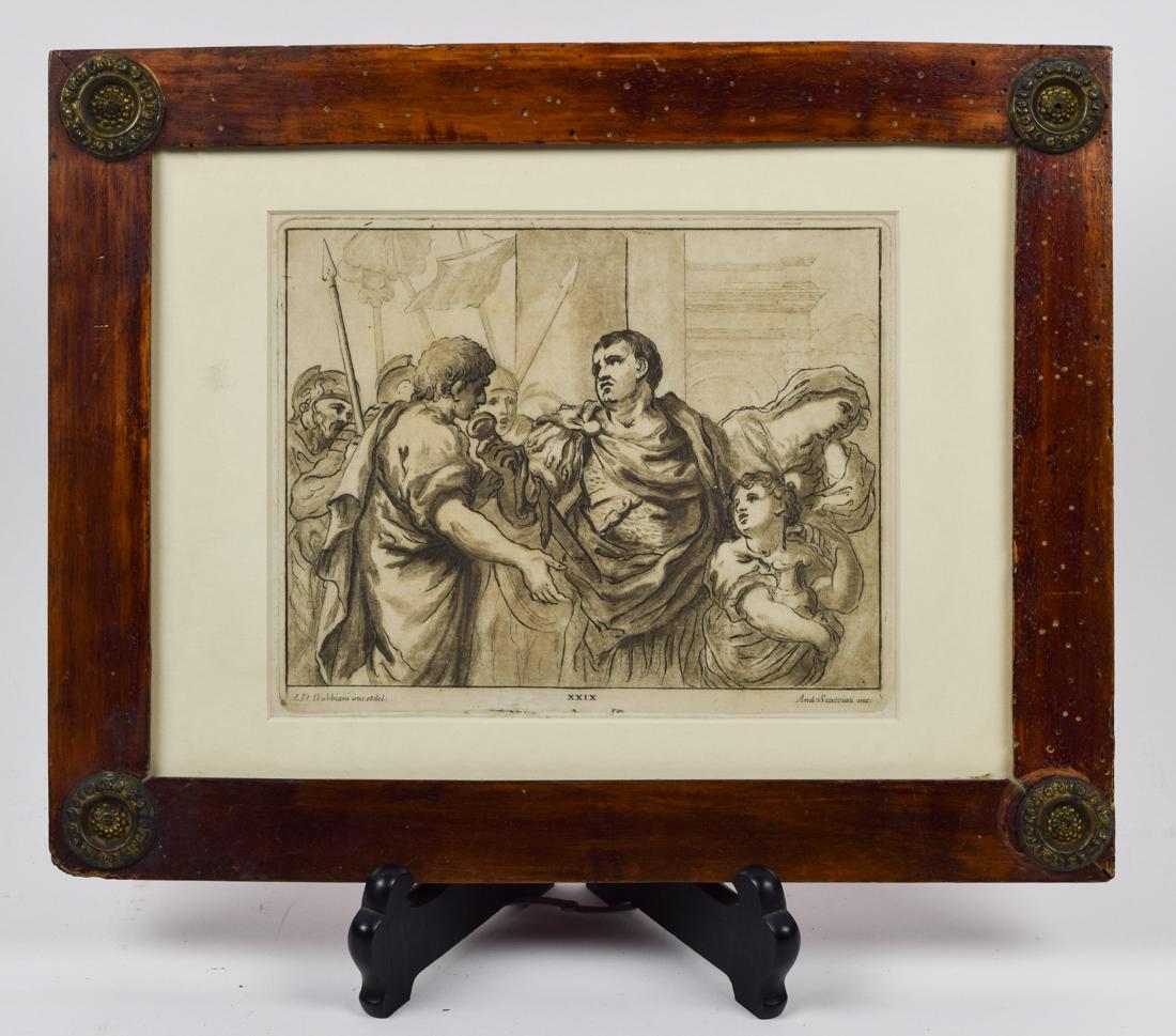 Anton Domenico Gabbiani Print - Romans XXIX: Anton Domenico Gabbiani (Italian 1652-1726) engraved by Andrea Scacciati (Italian, 1642-1710), featuring famous scene before Caesar was killed by Brutus entitled:"Romans". "A.D. Gabbiani insr, et del"