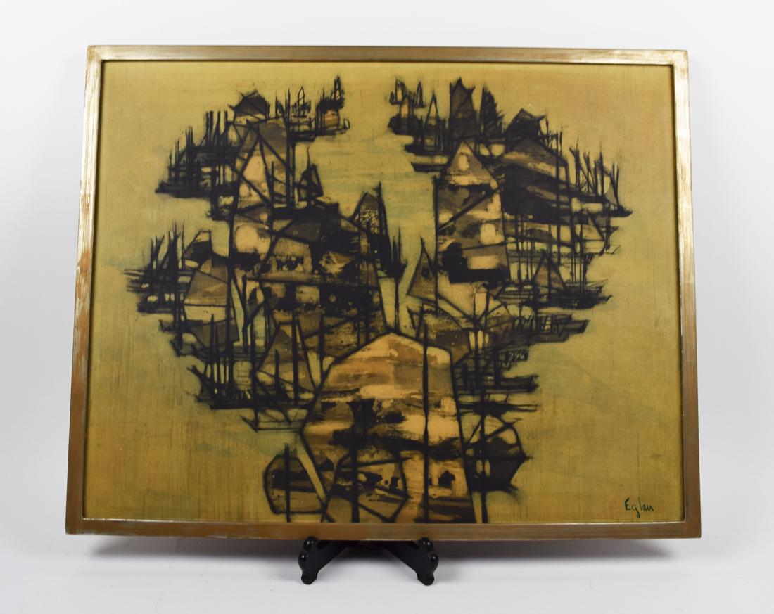 Otto Eglau Etching of bleak town scene: Otto Eglau ( German 1917-1988) Etching . Abstract depiction of a town scene captures a bleak, industrial-like feel. 19" x 24" 5000-0077-1