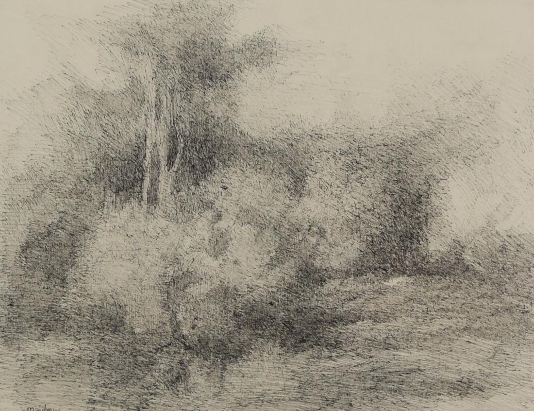 Richard Mayhew - Pen & Ink Landscape #2: Richard Mayhew (United States 1924-) Pen and Ink on paper of landscape. Signed lower left. Brooklyn Museum of Art School Exhibition tag on back "Richard Mayhew Landscape #2 Pen and Ink $60.00" Mayhews