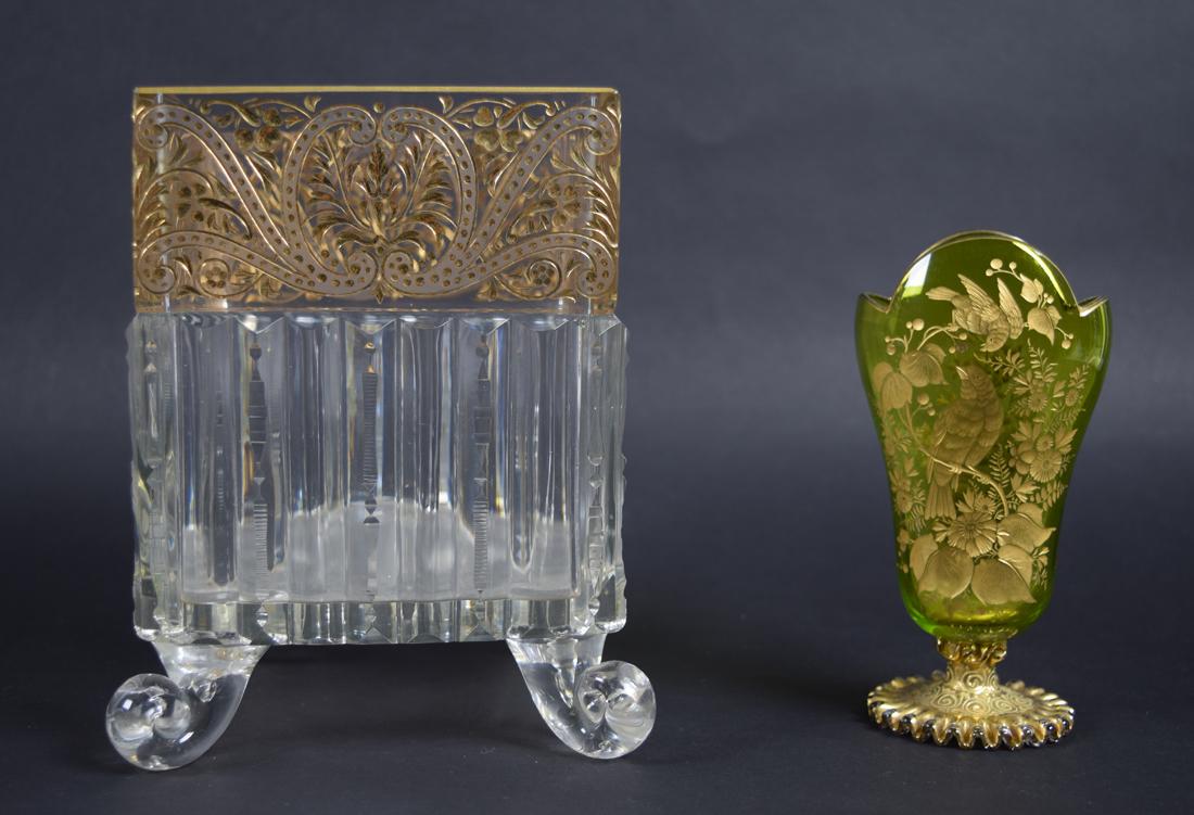 Candy Dish and Small Bird Vase: Lot of gilt cut crystal vase and candy dish. Crystal candy dish is cubical with ornate gilt upper portion. Small green vase has ornate guilding with a depiction of a song bird, surrounded by a floral