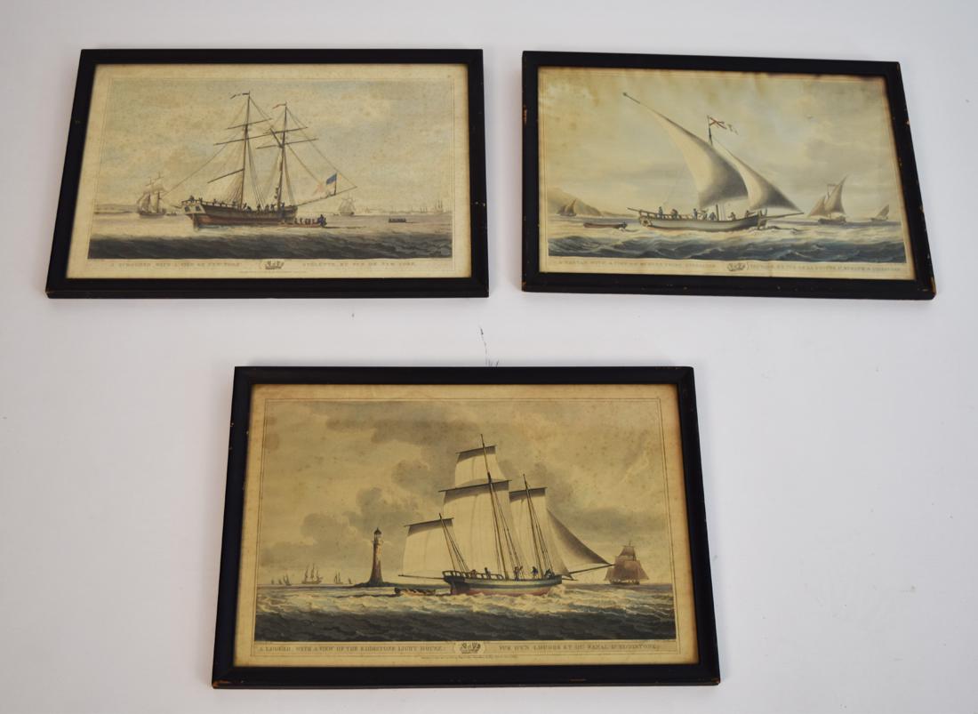 Sailing Prints New York Harbor, Gibraltar, & Eddistone: Three sailing lithopraphs from the 19th century, featuring various sailing models in famous ports around the world: New York Harbor, Gibraltar, and Eddistone Light House. All exhibit water damage to v
