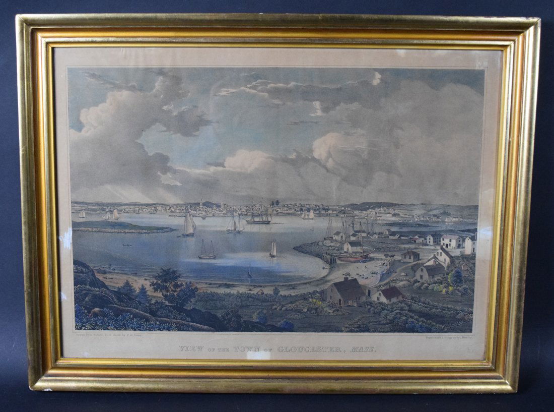 Rare Fitz Henry Lane Lithograph of Glouchester: Fitz Henry Lane(American 1804-1865) A rare lithograph of Glouchester printed by Pendleton's Lithography of Boston (in color). Print features a scene from the port with ships filtering in and out. 19th