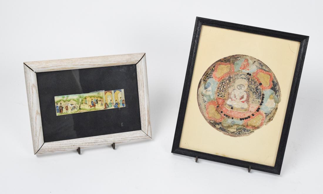Small Tantric Buddha Painting & Persian Miniature Tile: Small Tantric Buddha Painting - Circular 5.5" Diameter 19th early to 20th century. Persian Miniature tile featuring Court and Hunting scenes in traditional Persian / Mughal figure painting style. Pain