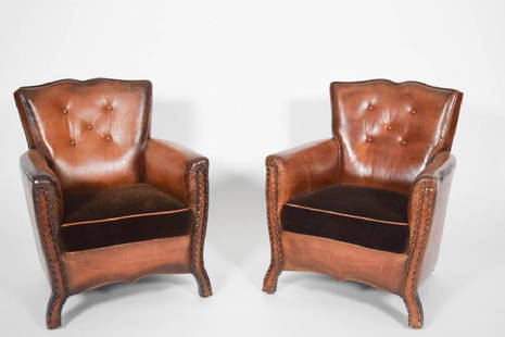 Pair of Leather and Mohair Mustache Chairs: Pair of French Art Deco Mustache leather club chairs. In the French tradition. 31.5x36x24" From the Art Deco Collection San Francisco.