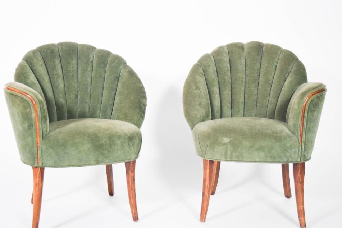 Pair Art Deco Green Scalloped Chairs: Pair Art Deco scalloped end chairs feature wooden frame and green velour upholstery. 29" L x 26" D x x 34" H