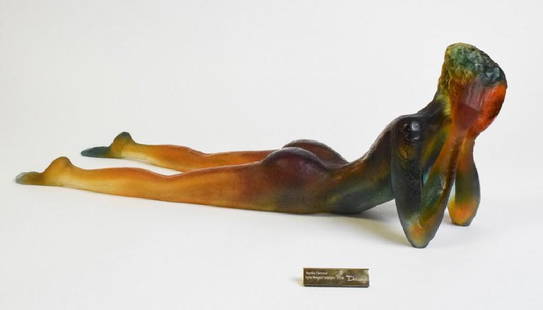 Daum Pate-De-Verre Glass Apres L'Amour Statue: Late 20th century, Engraved: Daum France, Sylvie Mangaud Lasseigne, 375 ex. 25 inches long, comes with plaque, original paperwork, and original box.
