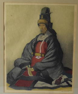 Elizabeth Keith Color Etching: Korean Scholar: Elizabeth Keith (United Kingdom 1887-1956) Korean Country Scholar, Etching on Paper, Features Korean gentleman in traditional Confucian apparel, signed in pencil –lower right. 15.5 X 11.5.