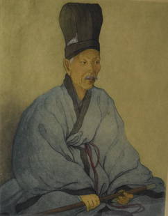 Elizabeth Keith Color Etching: Korean Nobleman: Elizabeth Keith (United Kingdom1887-1956) Korean Nobleman in Court Dress, Etching on Paper, Features Korean nobleman in traditional Joseon dynasty apparel, signed in pencil –lower right. 15.5 X