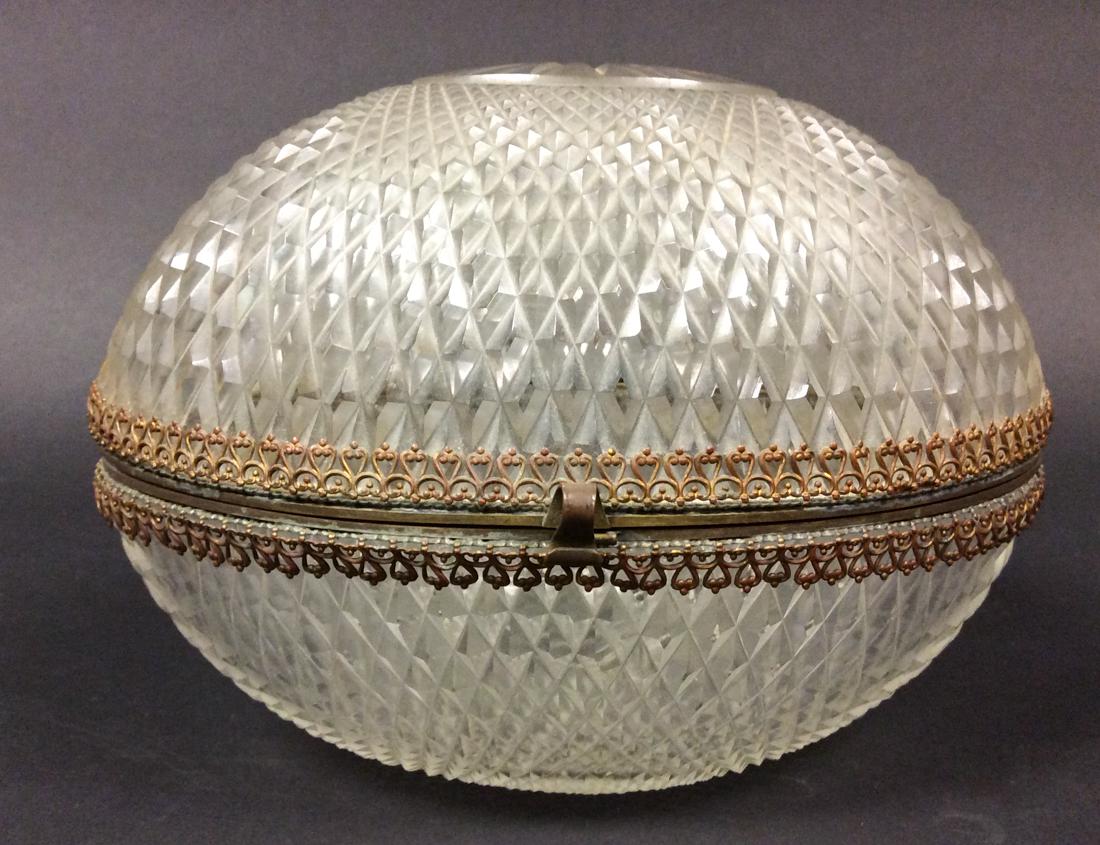 Bronze Mounted French Cut Glass Dresser Box: 6"H x 8"L x 5"W, Intaglio cut glass, w/bronze mounts, in the form of an egg, unsigned, late 19th/early20th C