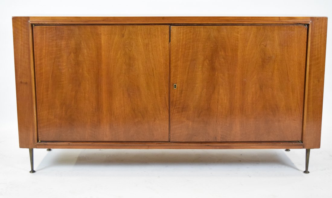 Mid Century Modern Credenza - Cabinet: 31" H x 59" L x 18"W , on metal legs. Mid 20th Century, Interior has drawers on right & shelves on leftDrawers are missing