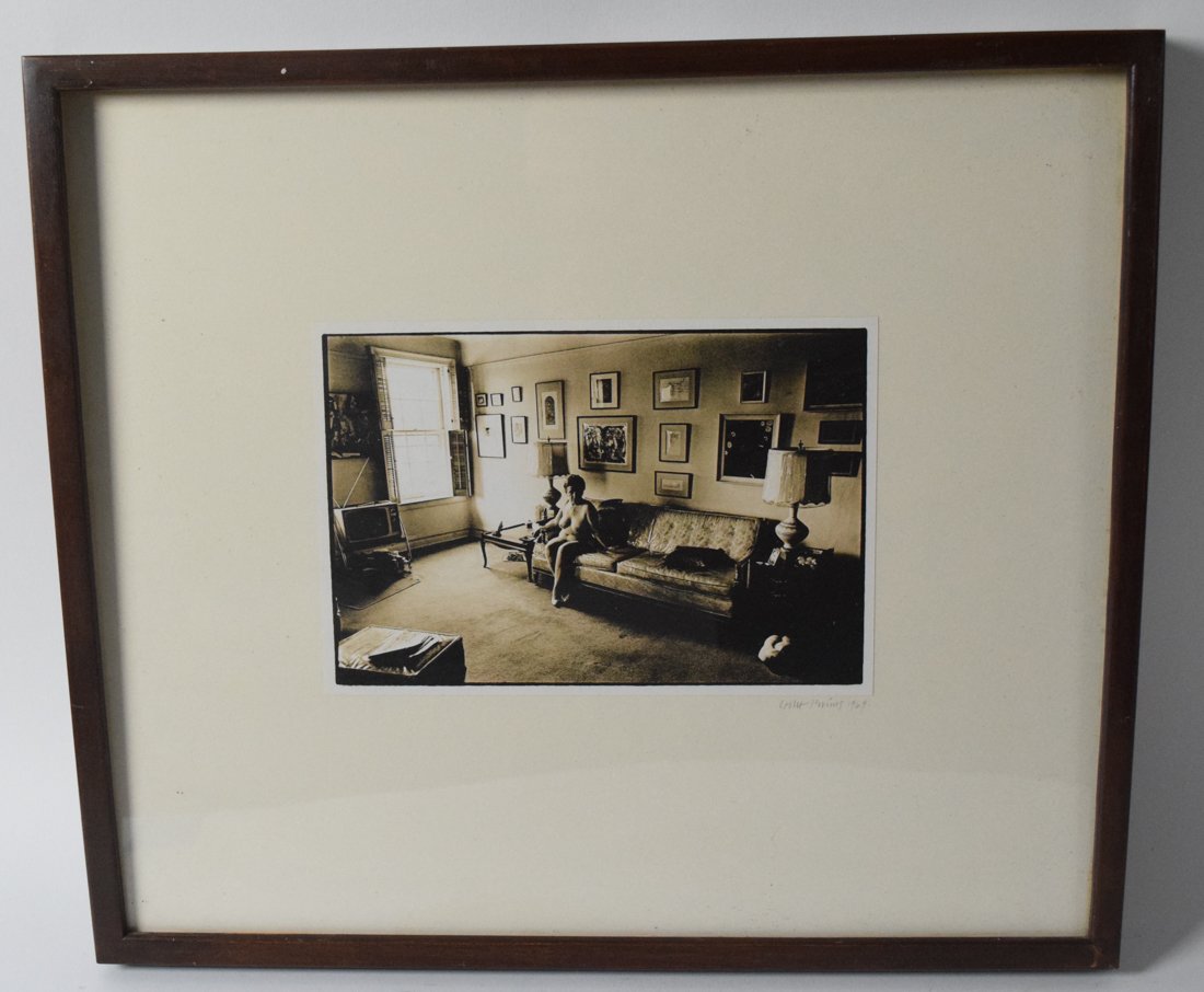 Les Krims Photograph - Lady on a Couch: Les Krims (American b. 1942) Photo print of a nude on counch. 8" x 5 1/2" signed lower right Leslie Krims 1969 Triton Gallery Sticker on verso. Not examined out of frame.