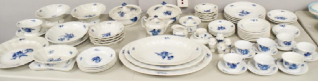 Royal Copenhagen Blue Flowers China Set: Danish Porcelain Approximately 60 pieces; includes large platters, tea pot, covered serving dishes, vegetable bowls, dinner plates, bread plates, smaller bowls, salt n peppers, and more. Denmark 20th