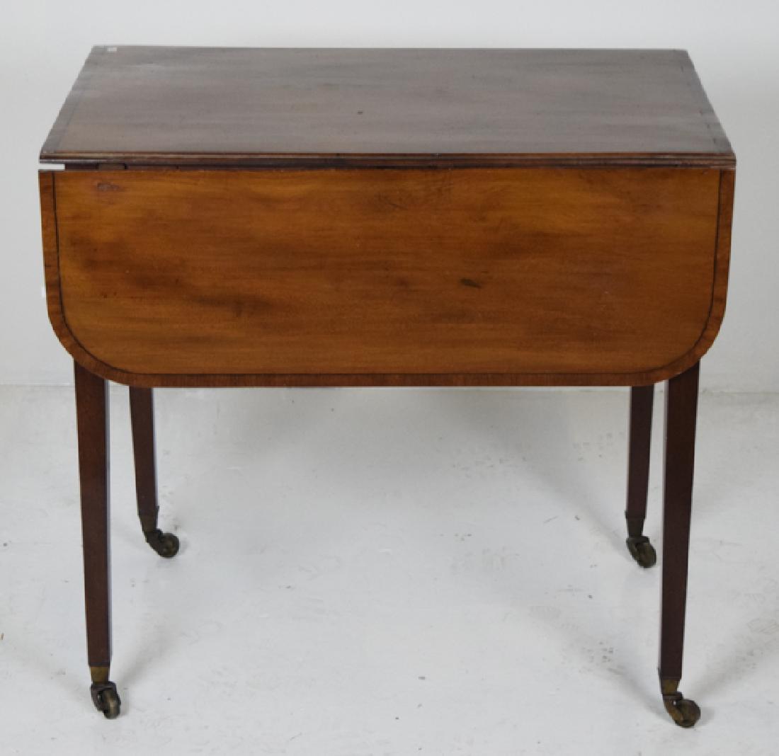 19th Century English Single Drawer Drop Leaf Table: English Mahogany Pembroke Table, 19th century, the broad top with banded edge and rounded drop leaves, one end fitted with a drawer, raised on slender tapering square legs,terminating in bass wheels. 