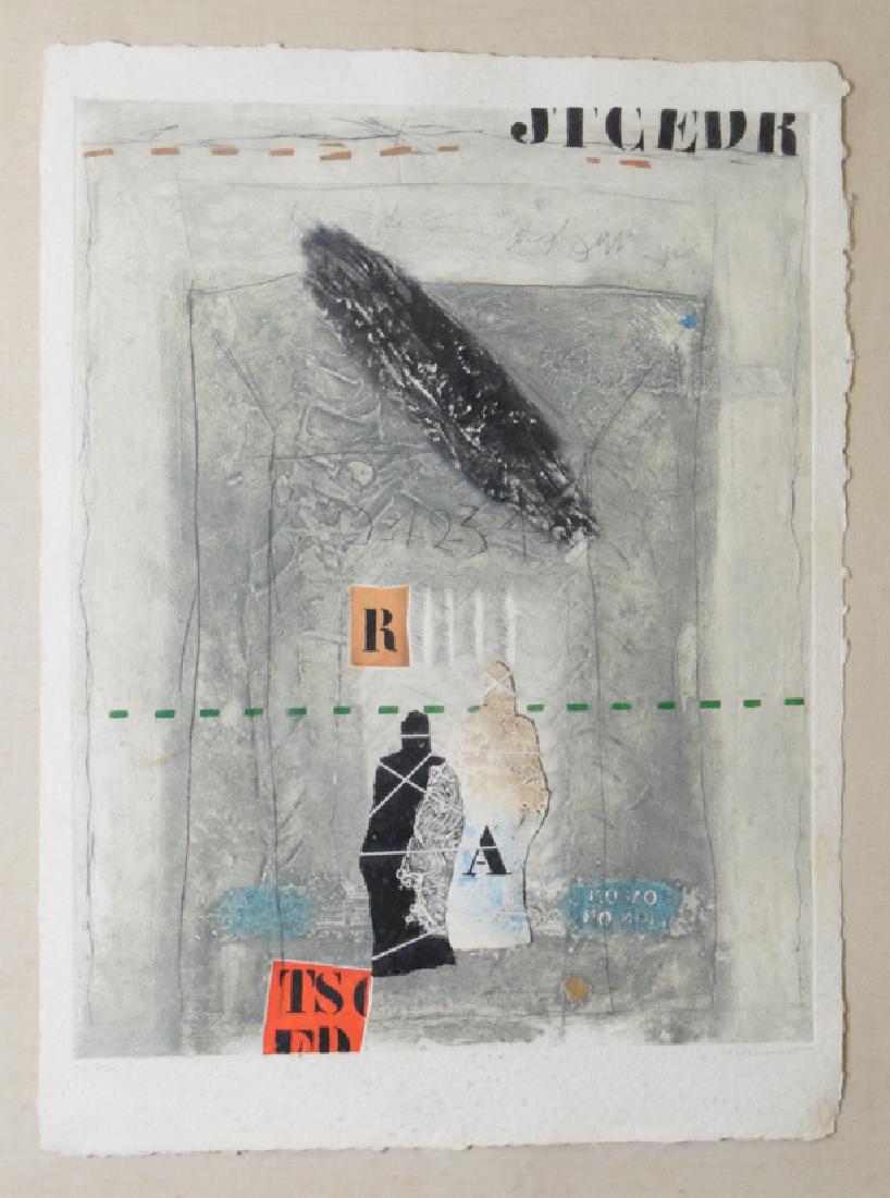 Intaglio print by James Coignard (1925-2008): James Coignard (France 1925-2008) Intaglio print titled "Otages en Lumiere", signed in pencil , edition 34/75. Gallery label on verso 37" x 29"