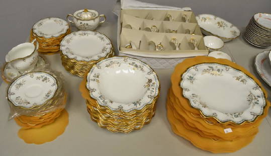 Partial Set Royal Crown Derby Normandie China: Service of 12 - Includes 12 Dinner Plates (1 dinner plate has a 4" side broken off), 12 Bowls, 12 Salad Plates, 12 Bread plates, 14 tea cups and saucers, sugar bowl, creamer and Serving Bowl.- 79 Piec