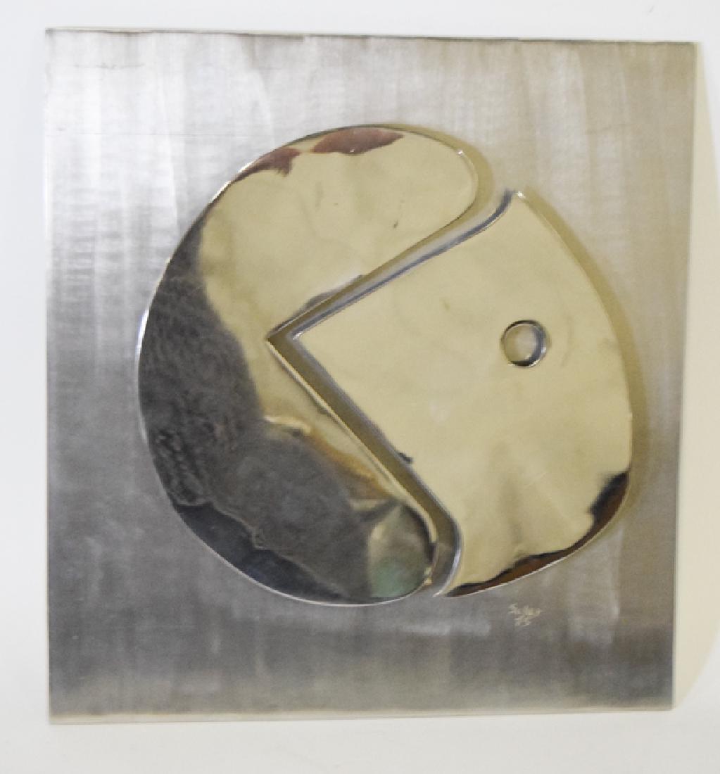 Modern Chrome Wall Sculpture by Harold Sclar: Harold Sclar (American 1913-2003) polished stainless steel signed "Sclar 75", 14" x 14"