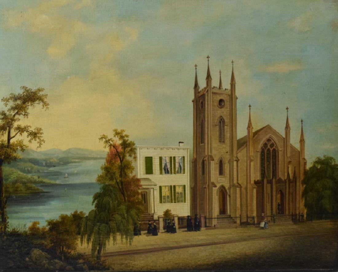 Oil On Canvas by John Sturgess: John Sturgess (British active 1869-1903) Oil on Canvas Mount Olive Baptist Church Yonkers NY erected 1852 signed lower left 26"x22"