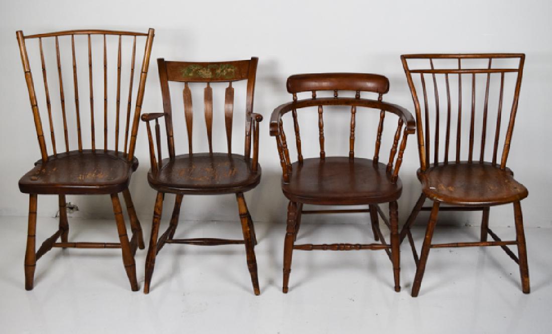 5 Chairs - 2 Arm - 2 Windsor, 1 Slat back, Barrel Chair: 2 arm, barrel back, 2 Windsor style, one slat back w/arms