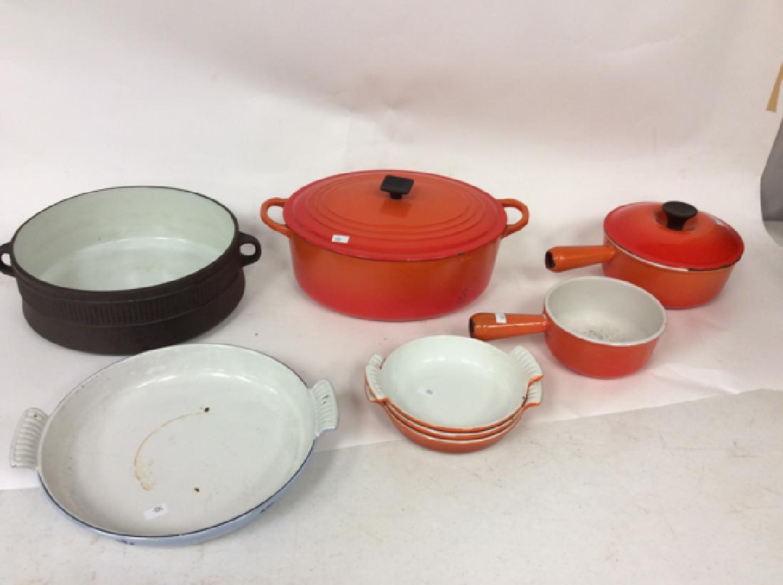 8 Mid Century Cookware - Le Creuset, Flamestone Denmark: Le Creuset Dutch oven, Flamestone Denmark, Le Creuset Covered Pot, other enameled