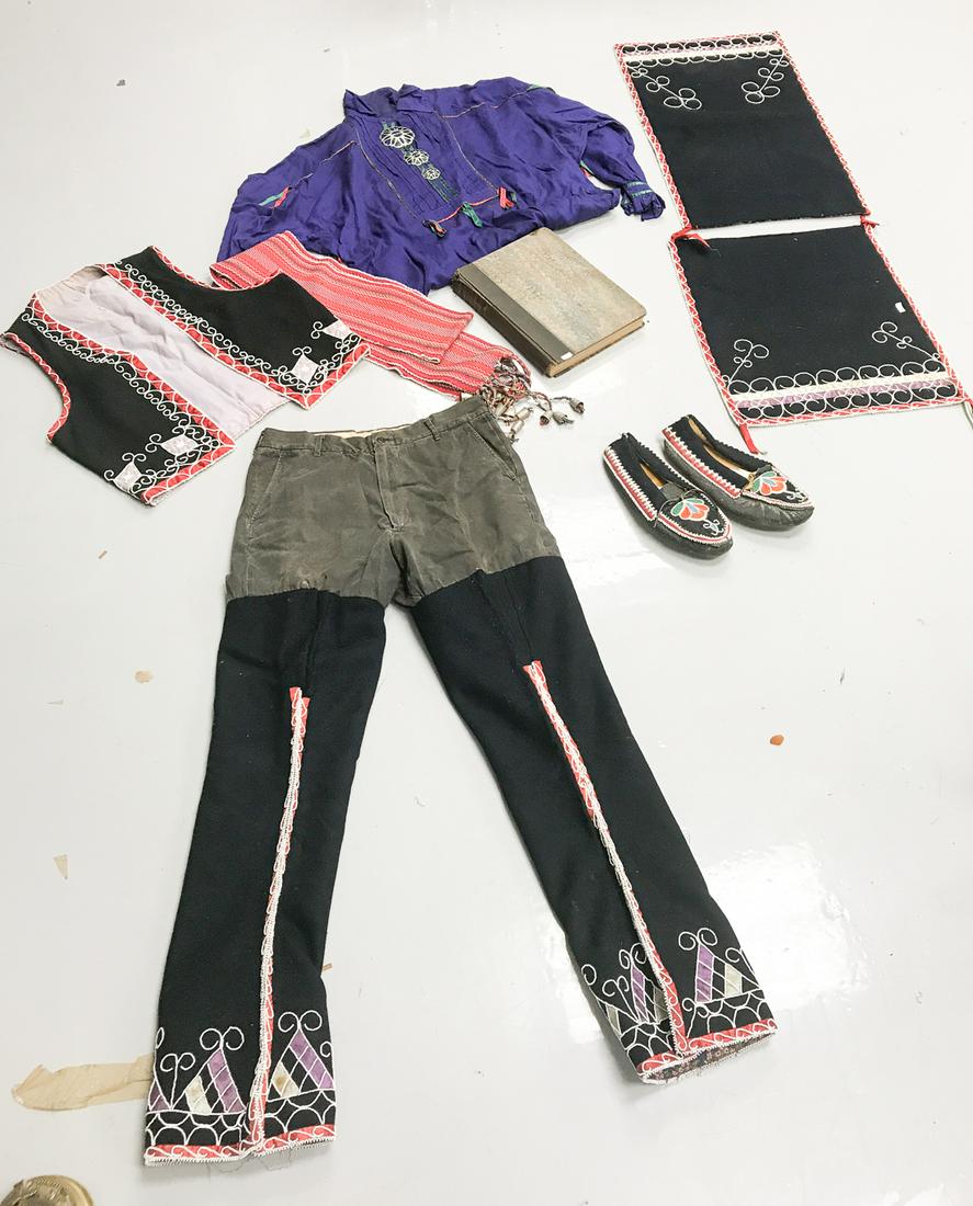 Old Book & Indian / S American Beaded outfit: Old Book & Indian / S American Beaded outfitBook "Eminent British Artists" 1871 & Beaded clothing including moccasins, vest, shirt, belt