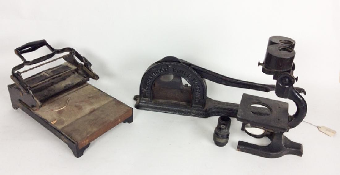 3 iron objects, microscope, tobacco cutter, etc: 3 iron objects, microscope, tobacco cutter, etc