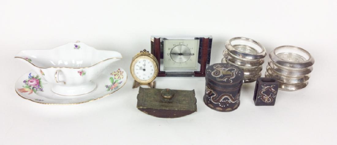14pcs, Sterling Silver coasters, Cloisonne, clocks, etc: 8 glass/sterling coasters, 2 pcs cloisonne, bronze blotter, 2 desk clocks (Linden, JAZ) and a gravy boat