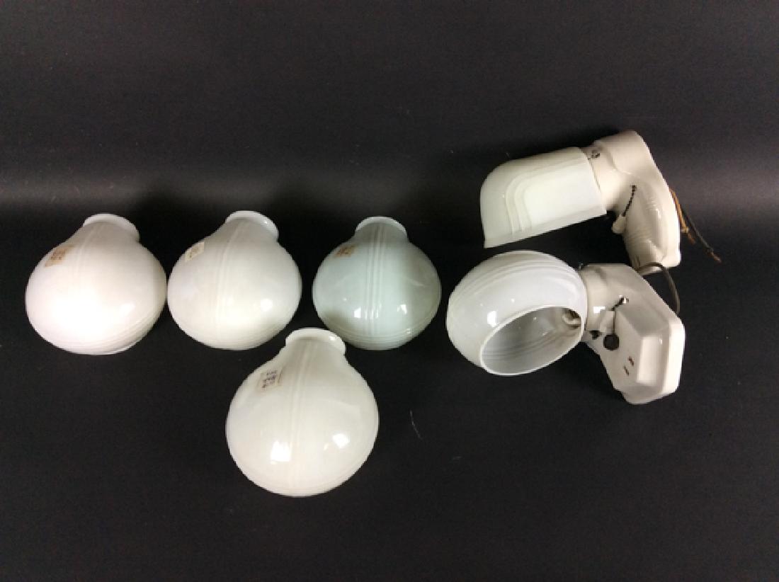 6pcs, 4 white glass shades & 2 Fixtures w/lights: 6pcs, 4 white glass shades & 2 Fixtures w/lights