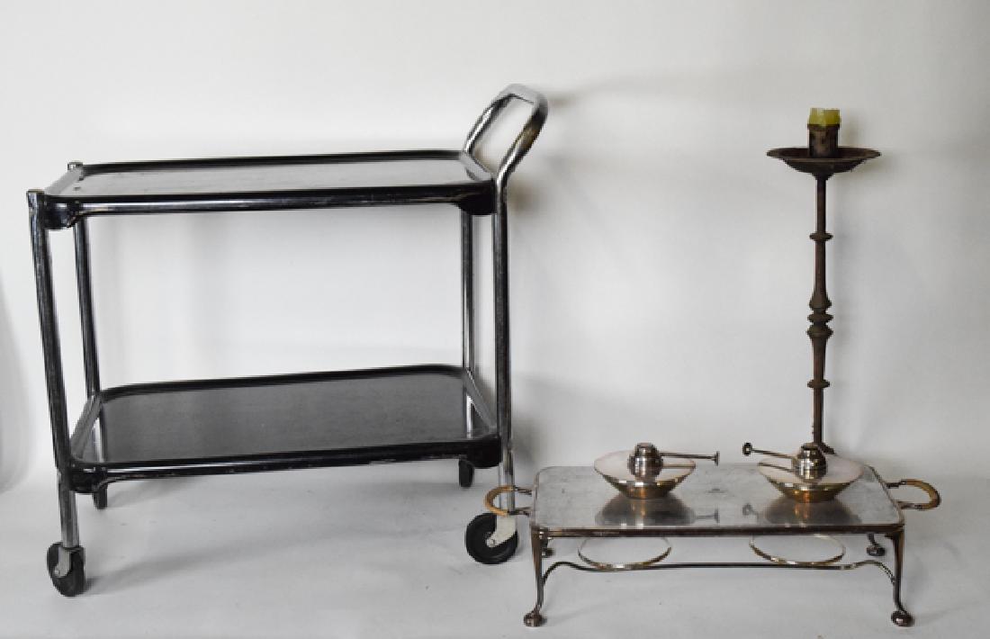 Candle Stand, Chafing Dish & Modern Metal Tea Cart: Candle Stand, Chafing Dish & Mid Century Modern Metal Tea Cart