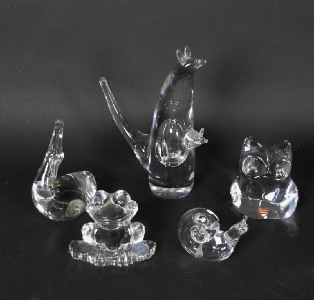 Crystal Animal Figurines - Orrefors, Kosta Boda, Goedal: Tallest 7 1/2" Kosta Boda Kangaroo, Orrefors Owl, Goedel Swan and Frog, Steuben