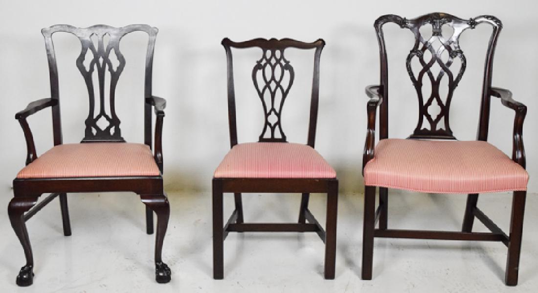 3 Chippendale Style Dining Room Chairs - Two arm chairs: 25" 40 x 18.5" largest arm chair - Set of three chairs with same striped fabric, Two Arm chairs, some staining on fabric