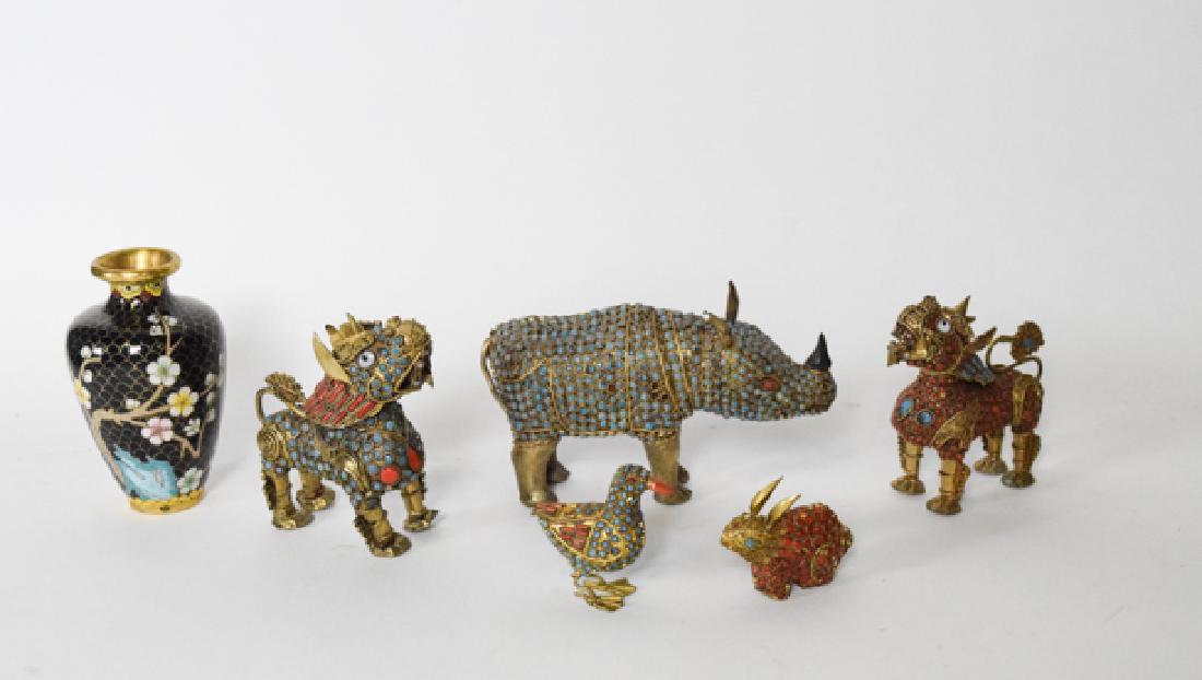 Thai Metal Foo Dogs and Animals with Cloisonne Vase: Two Foo Dogs, Rhinoceros, rabbit and duck. All metal with inlaid stones. with cloisonne vase. Tallest 4 1/2"