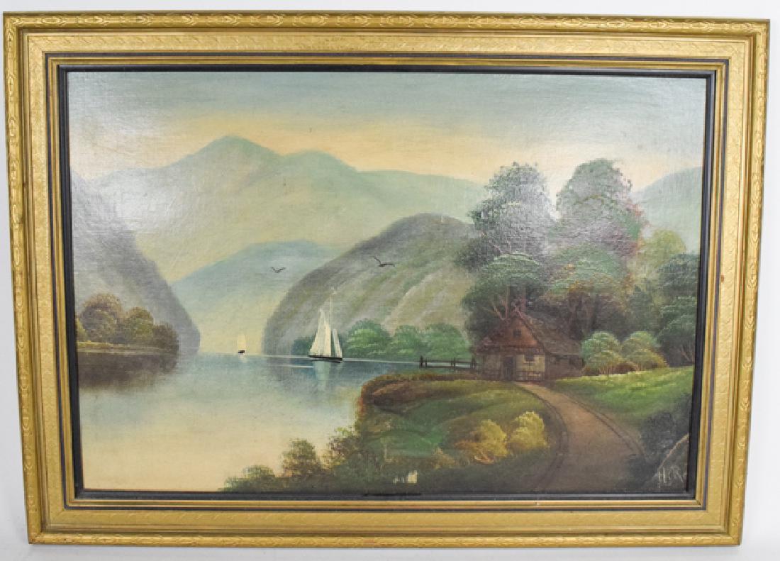 Hudson River School Oil on Board: 30 x 22, signed "HR", River scene of boats , 19th Cent