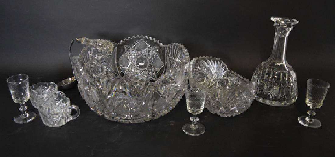 Cut Crystal Glass Punch Bowl, decanter, cup, wine glass: Large Punch Bowl 6x12 w/ladle, bottle, fruit bowl, etc8 piecesCut Crystal Glass Punch Bowl, decanter, cups, wine glasses and fruit bowl