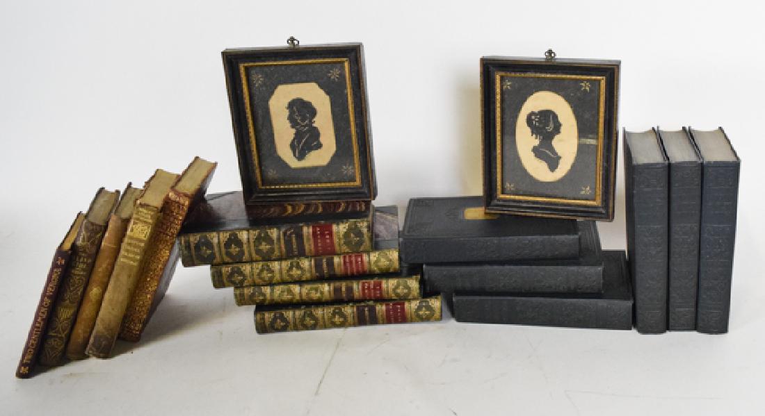 15 antique books & 2 silhouettes in frames: 15 older books, some leather bound & 2 signed silhouettes in frames