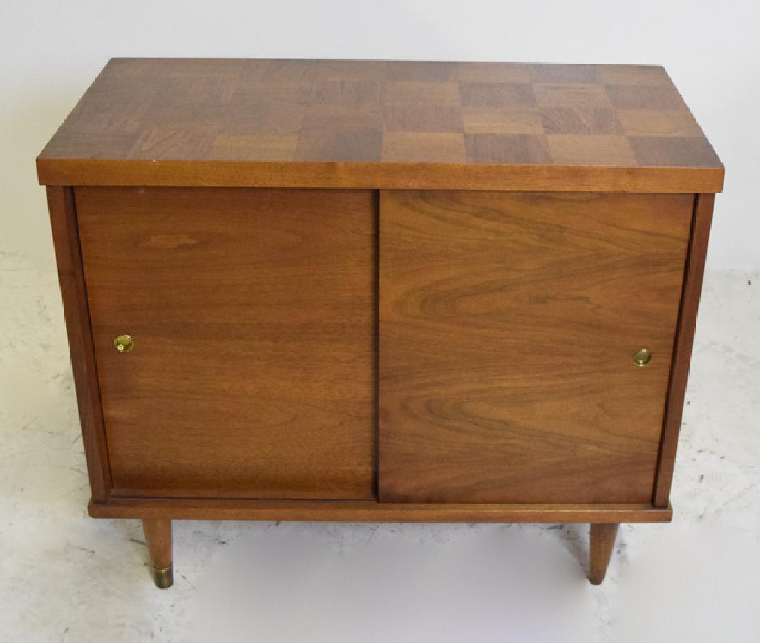 Footed Cabinet with Sliding Doors - Parquetry inlaid: Footed Cabinet with Sliding Doors - Parquetry inlaidMid century Modern26"x29"x14"Missing a Brass for foot