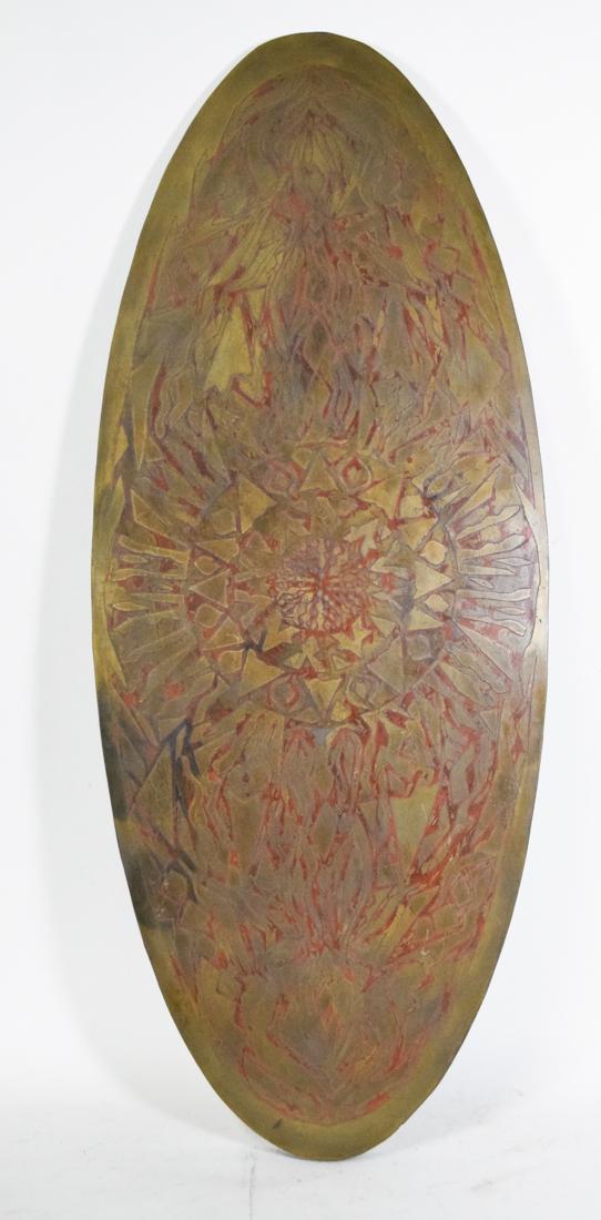 Wall Sculpture by Enrique Parker: Oval modern wall sculputre, by Enrique Parker, vaneer over wood, signed in lower left "Enrique y Barbara Parker" 50"x 20".