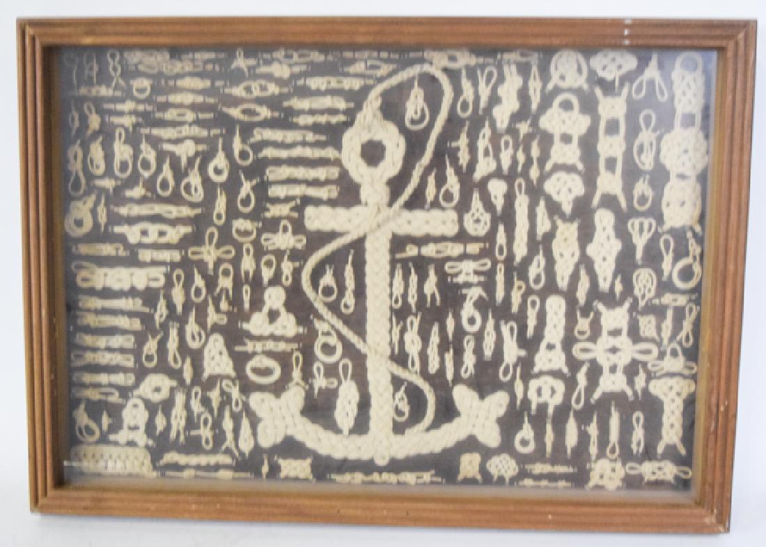 Nautical Knot Display: Nautical Knot display features numerous seafaring knots and twists, with a large knit anchor in the center. 27"x18".