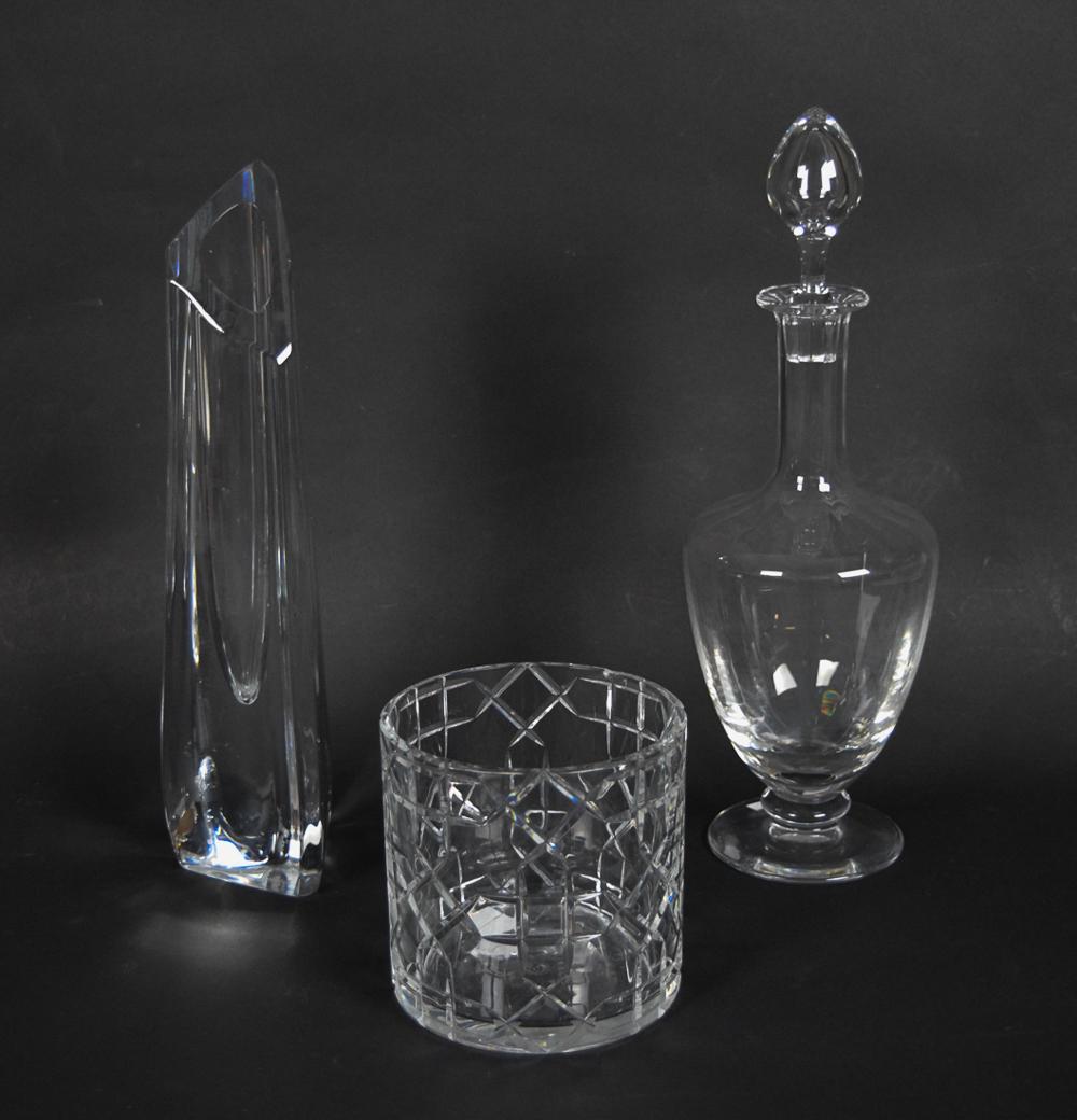 Baccarat Decanter with Ice Bucket and Vase: Baccarat decanter Baccarat ice bucket Baccarat large bud vase.All signed Height of tallest 13.75"